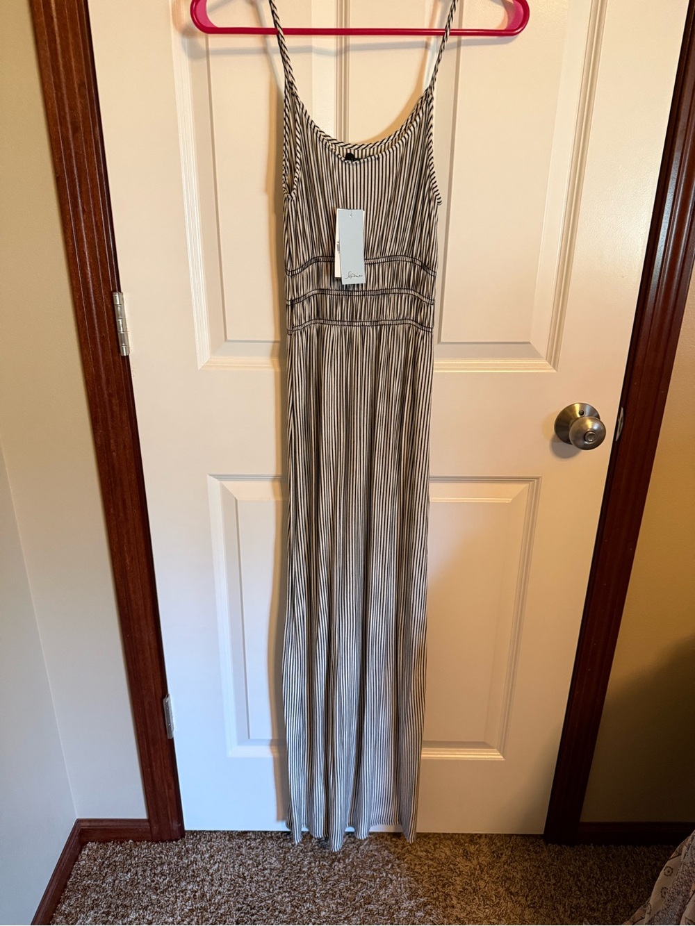 Striped Spaghetti-Strap Maxi Dress in Black and White